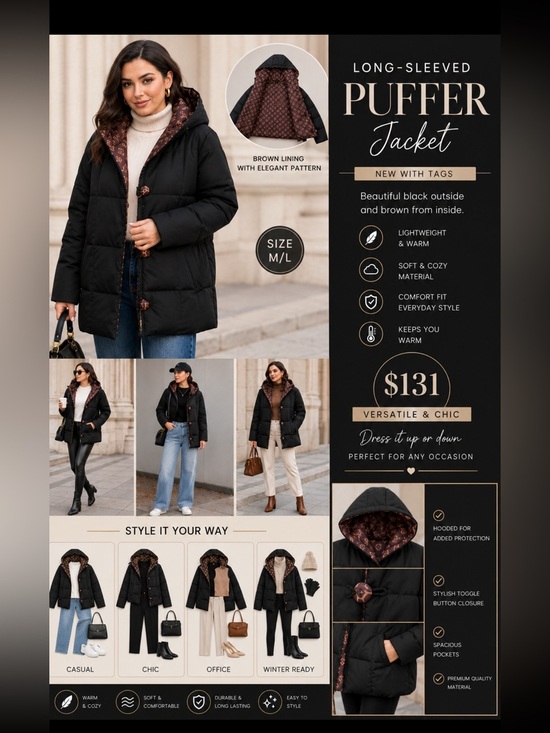 Private Label Jackets & Blazers - Long-sleeved Black Pillow Puffer Jacket size M/L